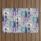 Retro Atomic Mid Century Pattern Grey Teal Blue and Lavender Outdoor Rug Gallery Image 1
