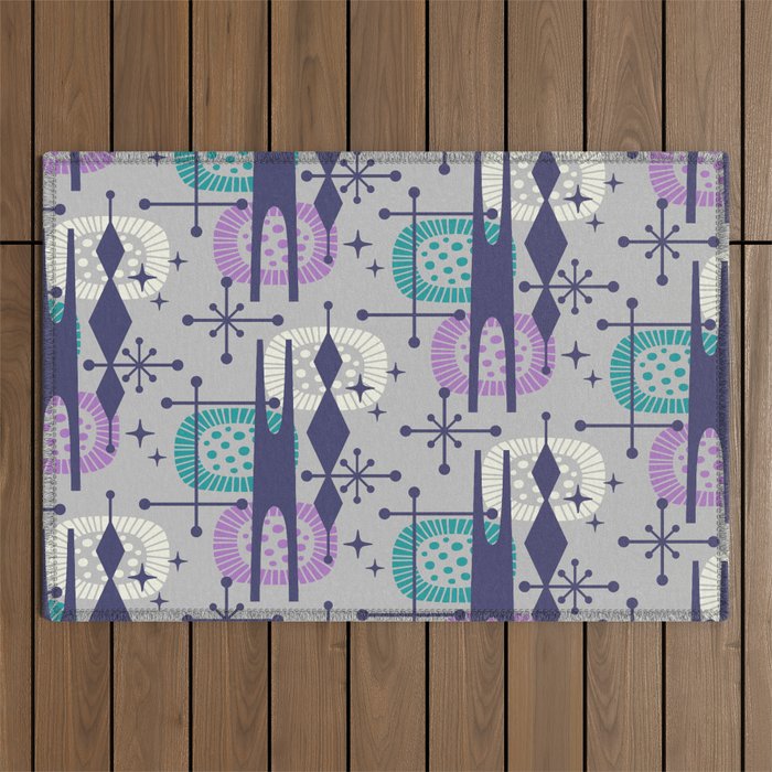 Retro Atomic Mid Century Pattern Grey Teal Blue and Lavender Outdoor Rug Gallery Image 1