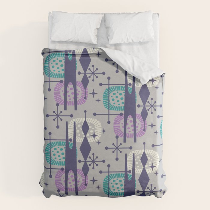 Retro Atomic Mid Century Pattern Grey Teal Blue and Lavender Duvet Cover Gallery Image 6