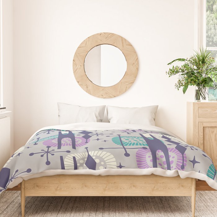 Retro Atomic Mid Century Pattern Grey Teal Blue and Lavender Duvet Cover Gallery Image 3