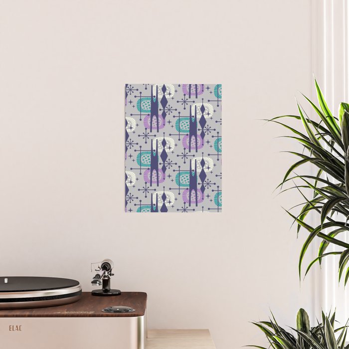 Retro Atomic Mid Century Pattern Grey Teal Blue and Lavender Poster Gallery Image 2