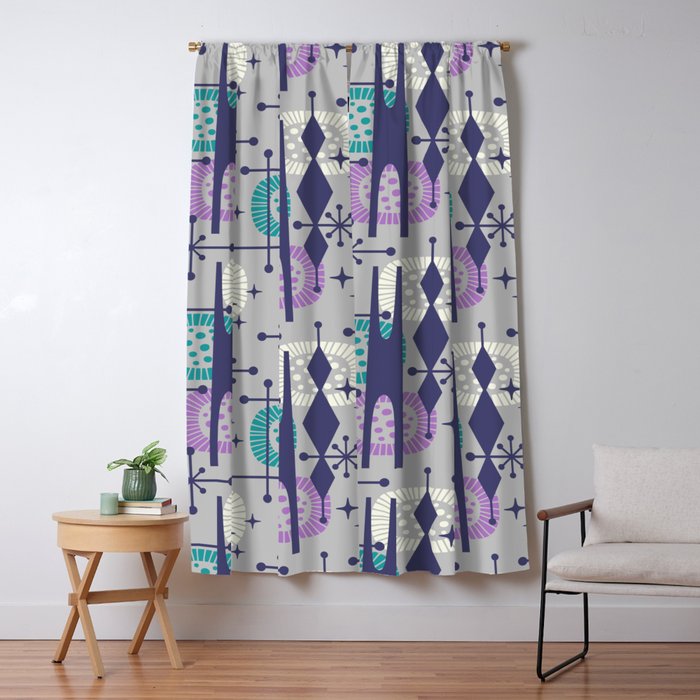 Retro Atomic Mid Century Pattern Grey Teal Blue and Lavender Window Curtain Gallery Image 1
