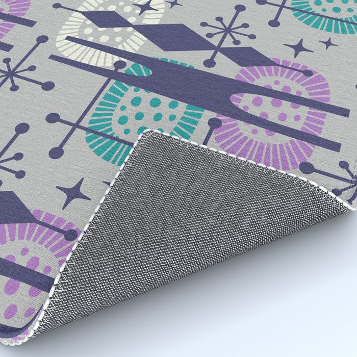 Retro Atomic Mid Century Pattern Grey Teal Blue and Lavender Rug Gallery Image 4