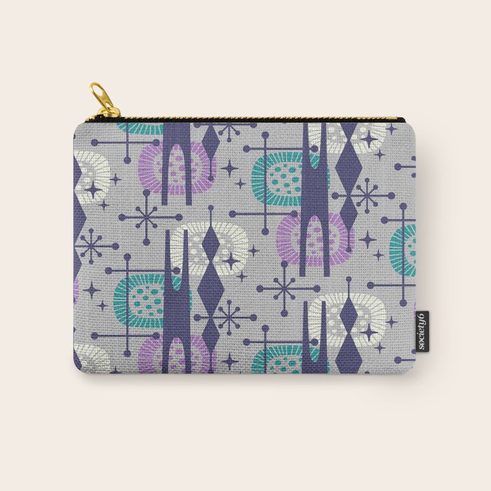 Retro Atomic Mid Century Pattern Grey Teal Blue and Lavender Carry All Pouch Gallery Image 1