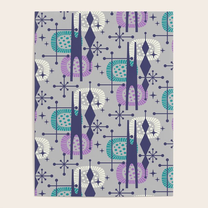 Retro Atomic Mid Century Pattern Grey Teal Blue and Lavender Poster Gallery Image 4