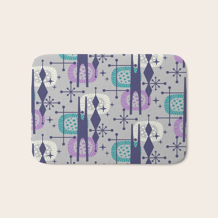 Retro Atomic Mid Century Pattern Grey Teal Blue and Lavender Bath Mat Gallery Image 1