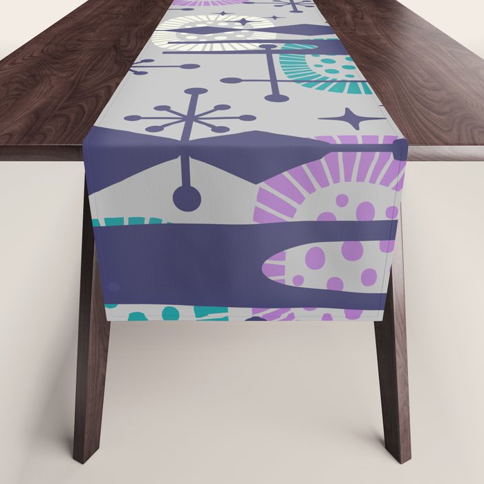 Retro Atomic Mid Century Pattern Grey Teal Blue and Lavender Table Runner Gallery Image 1
