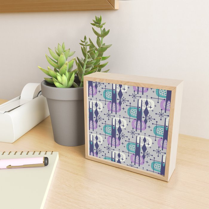 Retro Atomic Mid Century Pattern Grey Teal Blue and Lavender Mini Art Print Gallery Image 2