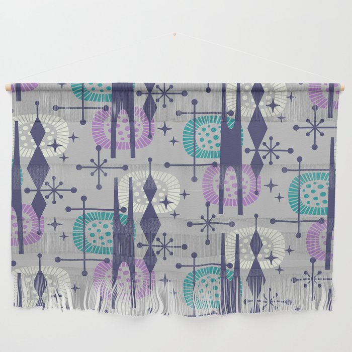 Retro Atomic Mid Century Pattern Grey Teal Blue and Lavender Wall Hanging Gallery Image 1