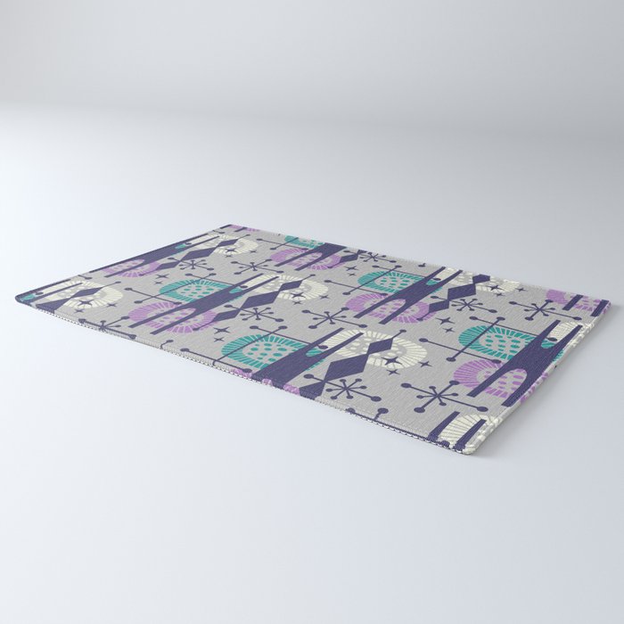 Retro Atomic Mid Century Pattern Grey Teal Blue and Lavender Rug Gallery Image 3