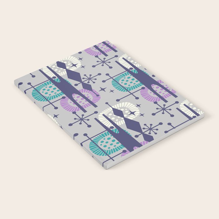 Retro Atomic Mid Century Pattern Grey Teal Blue and Lavender Notebook Gallery Image 2