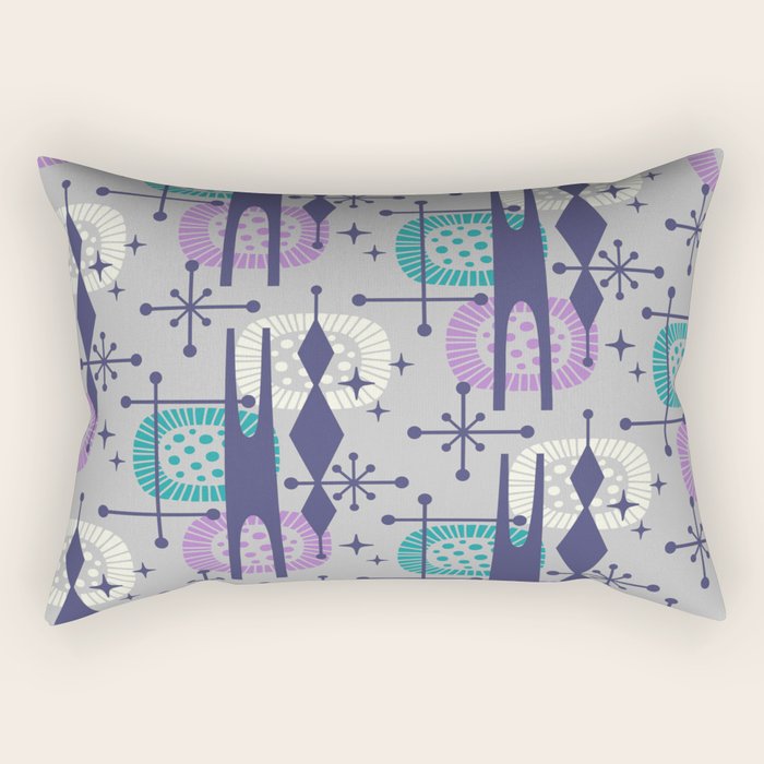 Retro Atomic Mid Century Pattern Grey Teal Blue and Lavender Rectangular Pillow Gallery Image 2