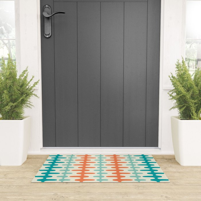 Retro Mid Century Modern Trellis Print Orange and Teal Welcome Mat Gallery Image 3