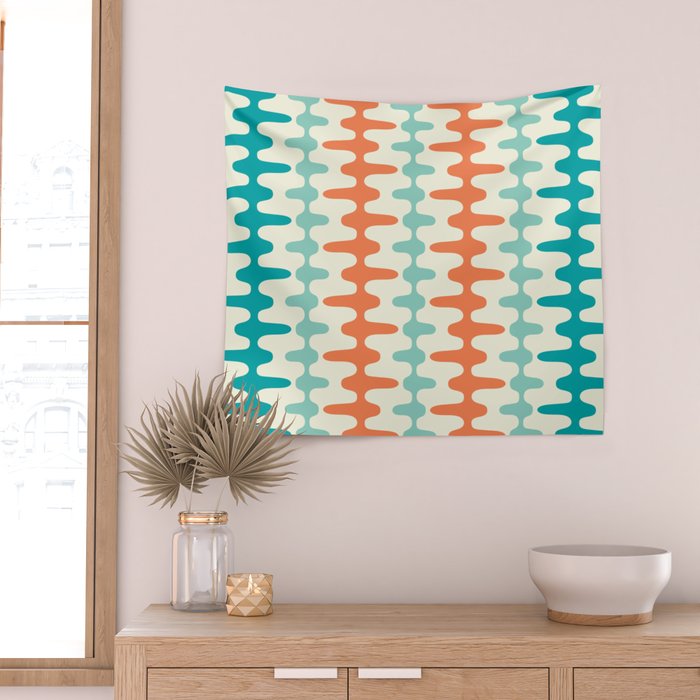 Retro Mid Century Modern Trellis Print Orange and Teal Wall Tapestry Gallery Image 2