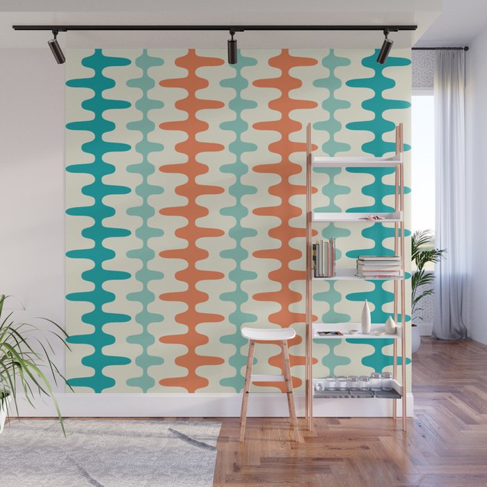 Retro Mid Century Modern Trellis Print Orange and Teal Wall Mural Gallery Image 1
