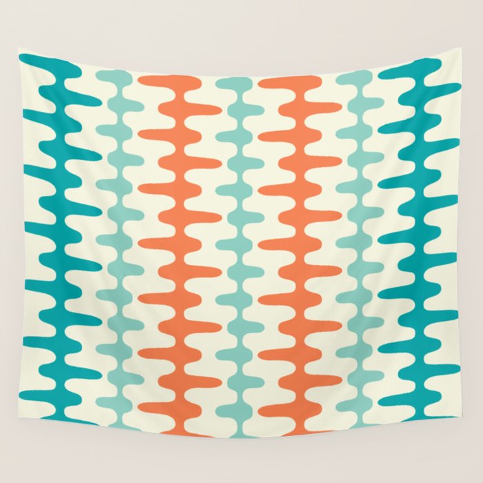 Retro Mid Century Modern Trellis Print Orange and Teal Wall Tapestry Gallery Image 1
