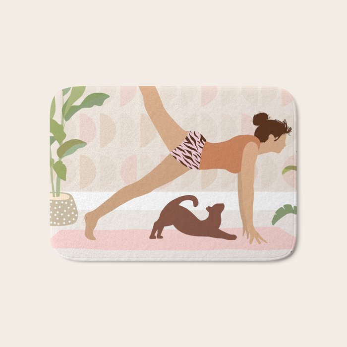 Yoga Girl Power with cat & plants Bath Mat Gallery Image 1