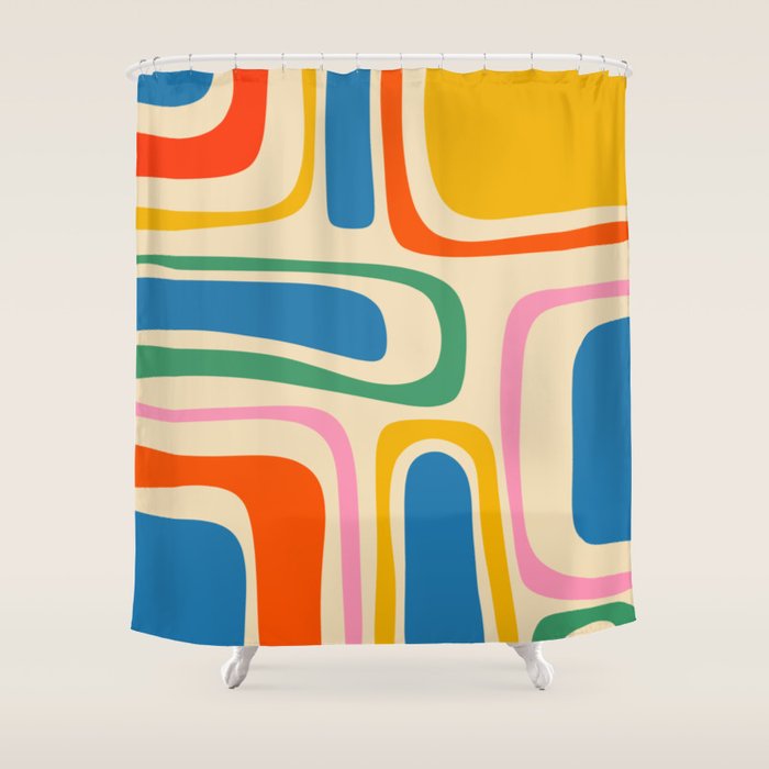 Palm Springs Colorful Abstract Pattern Blue Green Orange Yellow Pink Beige Shower Curtain Gallery Image 1