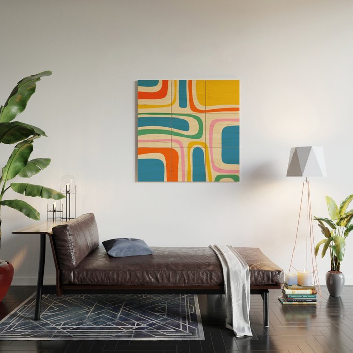 Palm Springs Colorful Abstract Pattern Blue Green Orange Yellow Pink Beige Wood Wall Art Gallery Image 2