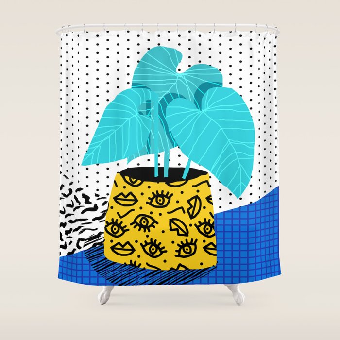 Totes magoats - memphis throwback retro house plant squiggle dot polka dot neon 1980s 80s style art Shower Curtain Gallery Image 1