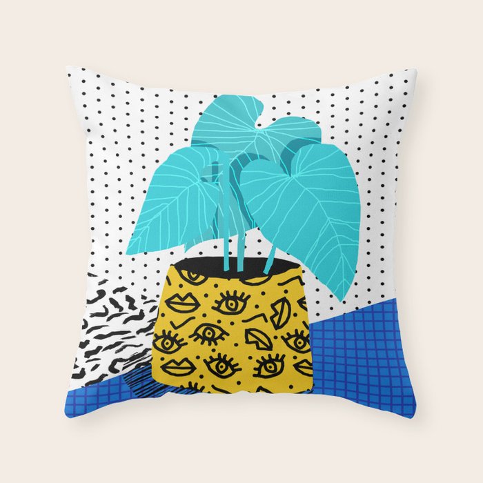 Totes magoats - memphis throwback retro house plant squiggle dot polka dot neon 1980s 80s style art Throw Pillow Gallery Image 1