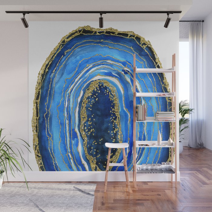 Cobalt blue and gold geode in watercolor (2) Wall Mural Gallery Image 1
