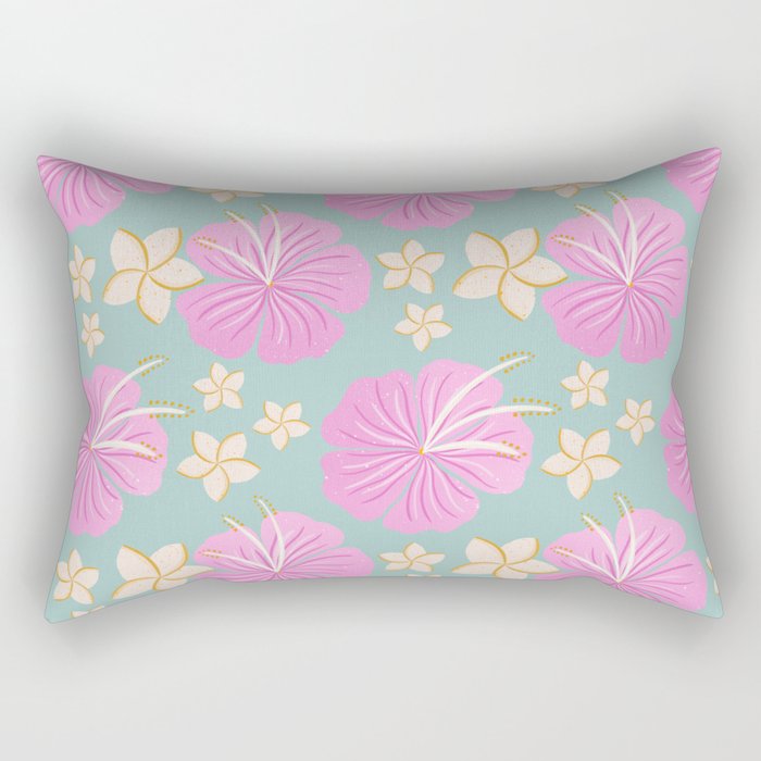 Pink and turquoise hibiscus flowers pattern Rectangular Pillow Gallery Image 1