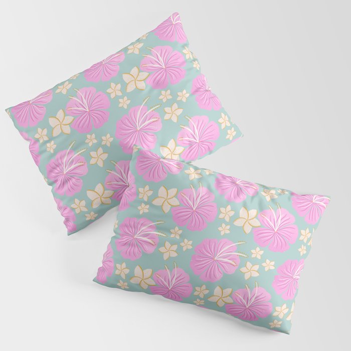 Pink and turquoise hibiscus flowers pattern Pillow Sham Gallery Image 1