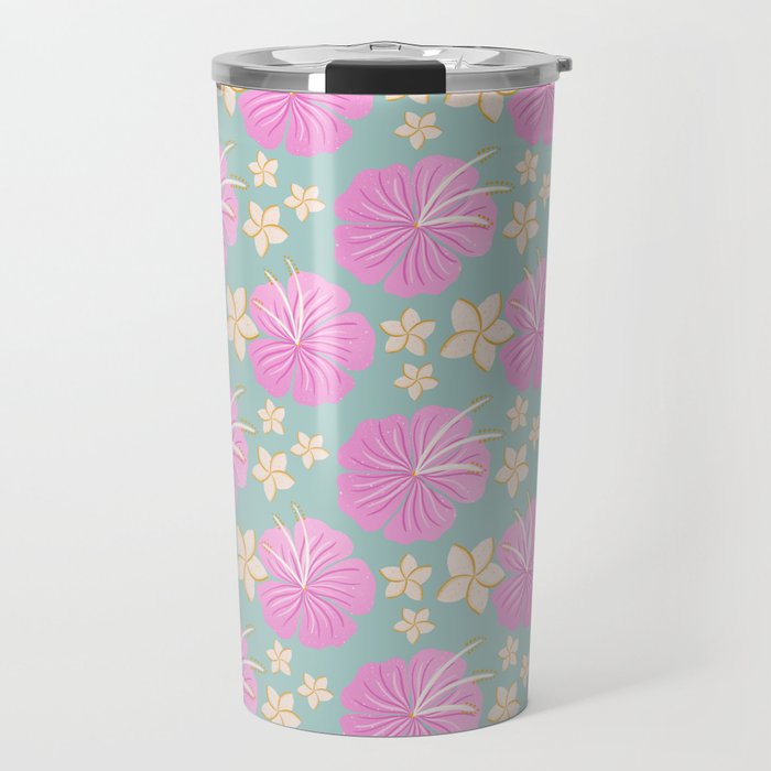 Pink and turquoise hibiscus flowers pattern Travel Mug Gallery Image 1