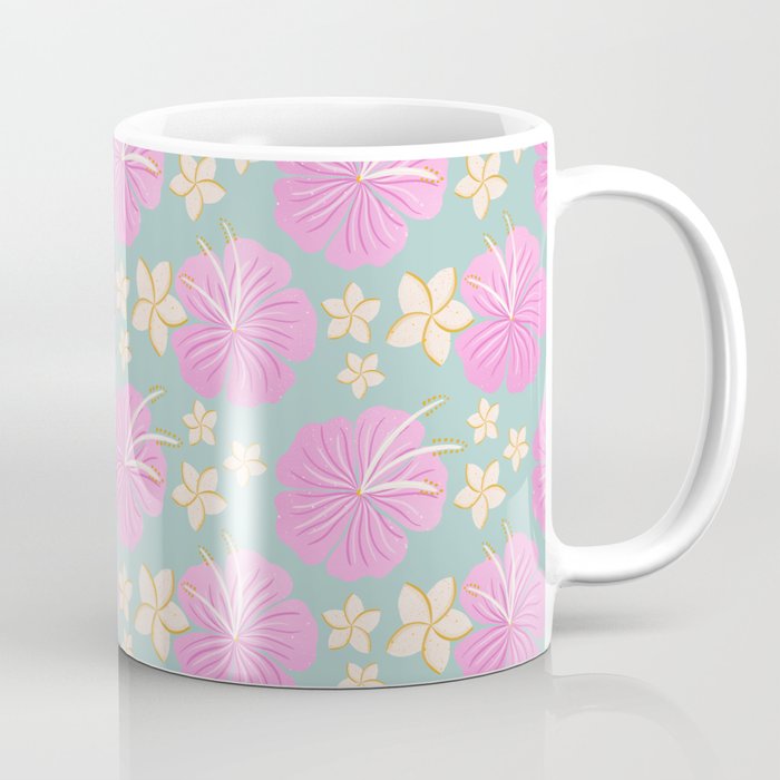 Pink and turquoise hibiscus flowers pattern Coffee Mug Gallery Image 1