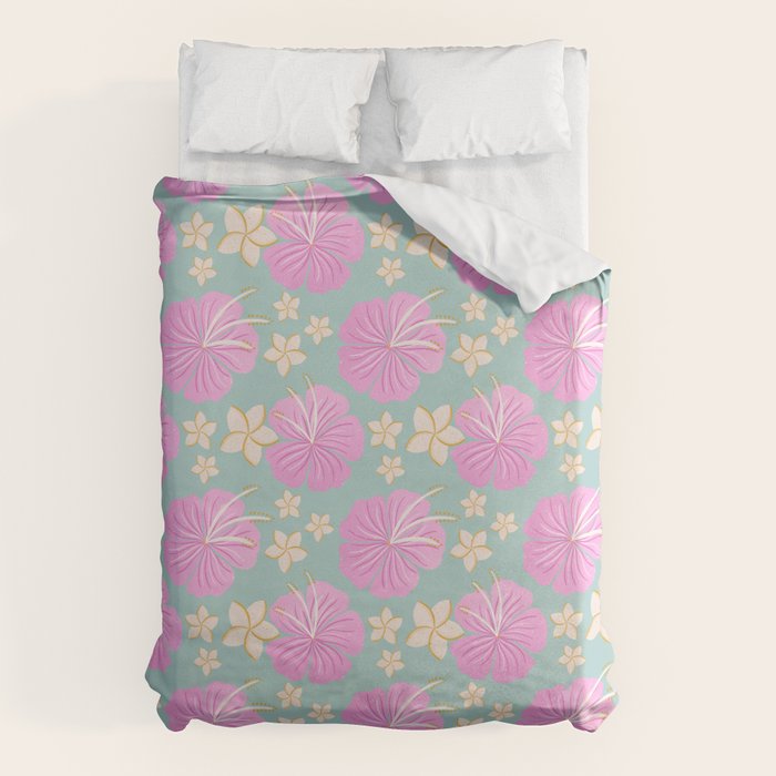 Pink and turquoise hibiscus flowers pattern Duvet Cover Gallery Image 6