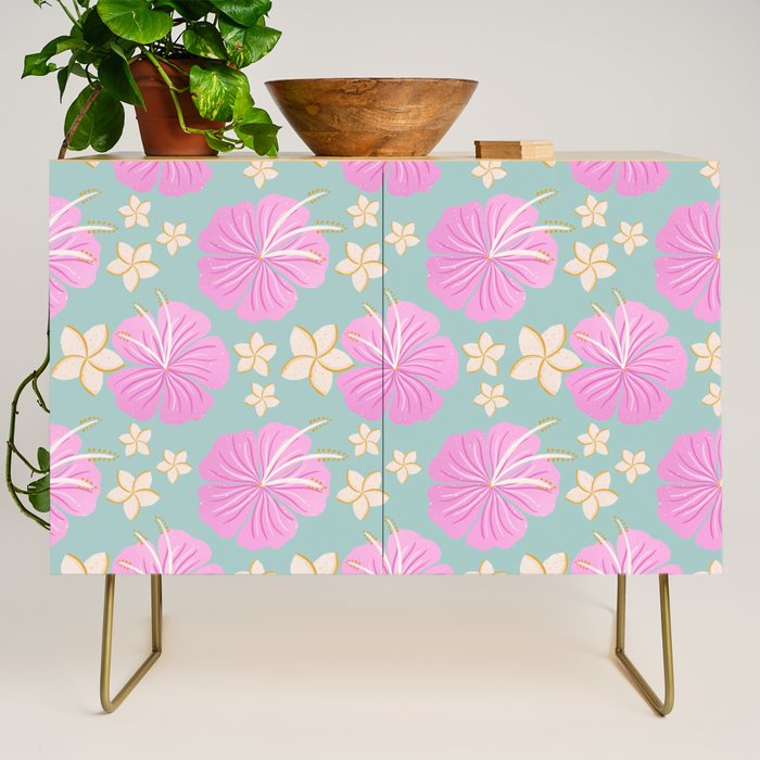 Pink and turquoise hibiscus flowers pattern Credenza Gallery Image 1