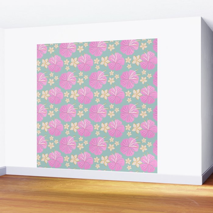 Pink and turquoise hibiscus flowers pattern Wall Mural Gallery Image 2