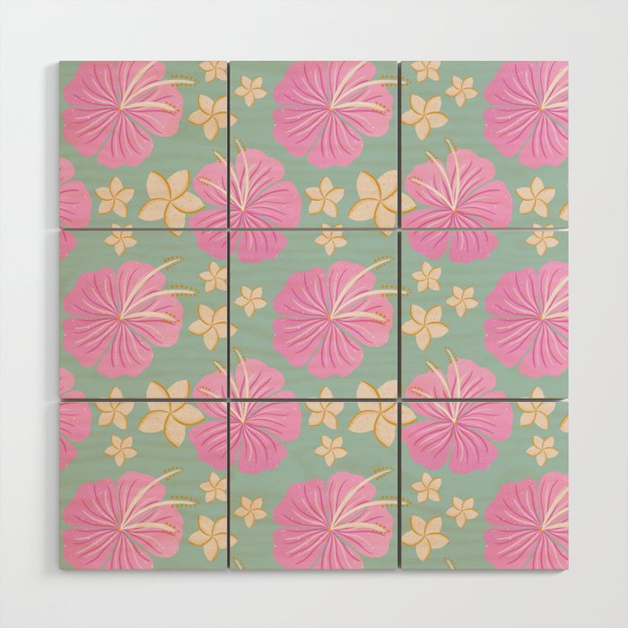 Pink and turquoise hibiscus flowers pattern Wood Wall Art Gallery Image 1