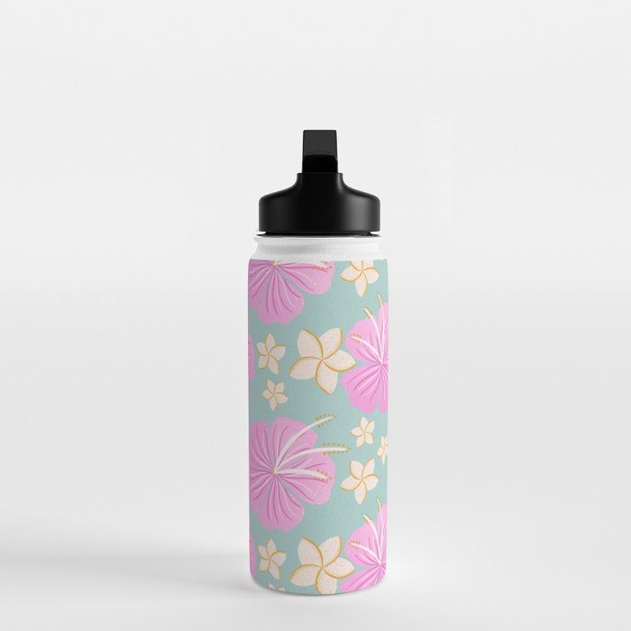 Pink and turquoise hibiscus flowers pattern Water Bottle Gallery Image 3
