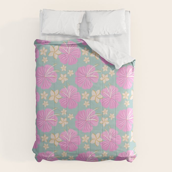 Pink and turquoise hibiscus flowers pattern Comforter Gallery Image 6