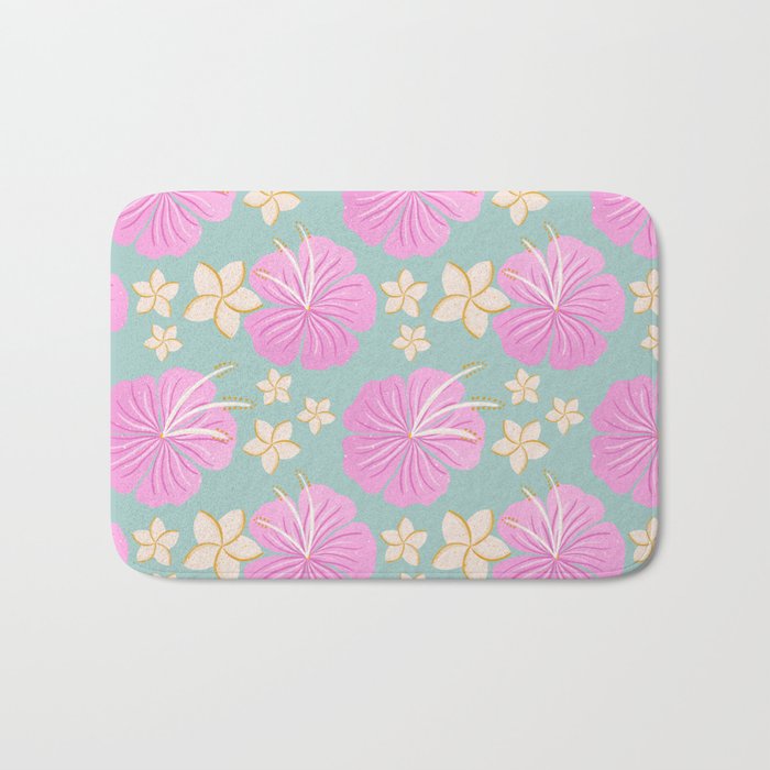 Pink and turquoise hibiscus flowers pattern Bath Mat Gallery Image 1