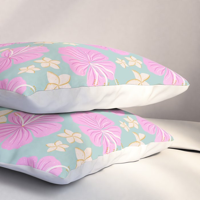 Pink and turquoise hibiscus flowers pattern Pillow Sham Gallery Image 3