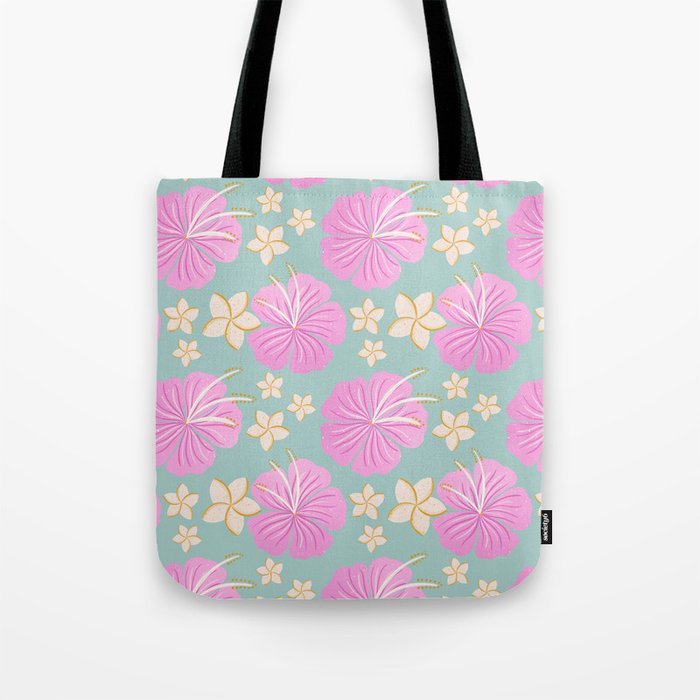 Pink and turquoise hibiscus flowers pattern Tote Bag Gallery Image 1