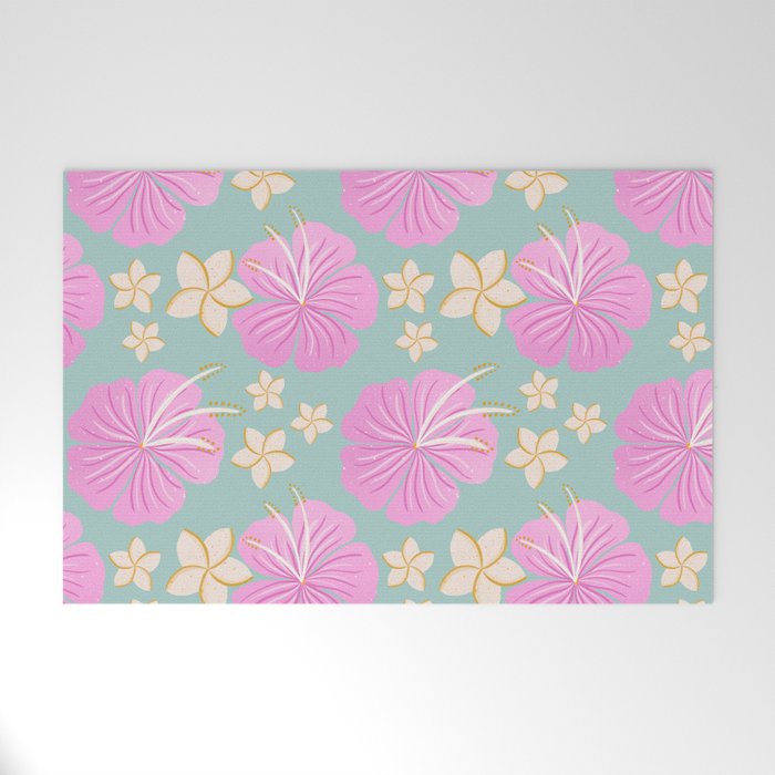 Pink and turquoise hibiscus flowers pattern Welcome Mat Gallery Image 1
