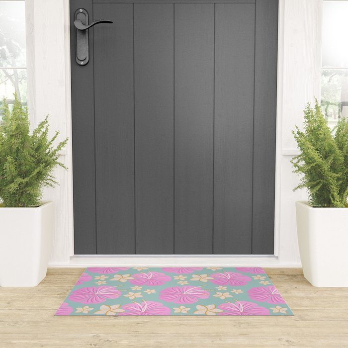 Pink and turquoise hibiscus flowers pattern Welcome Mat Gallery Image 3