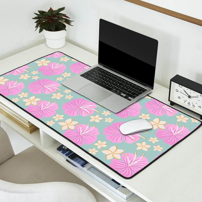 Pink and turquoise hibiscus flowers pattern Desk Mat Gallery Image 2