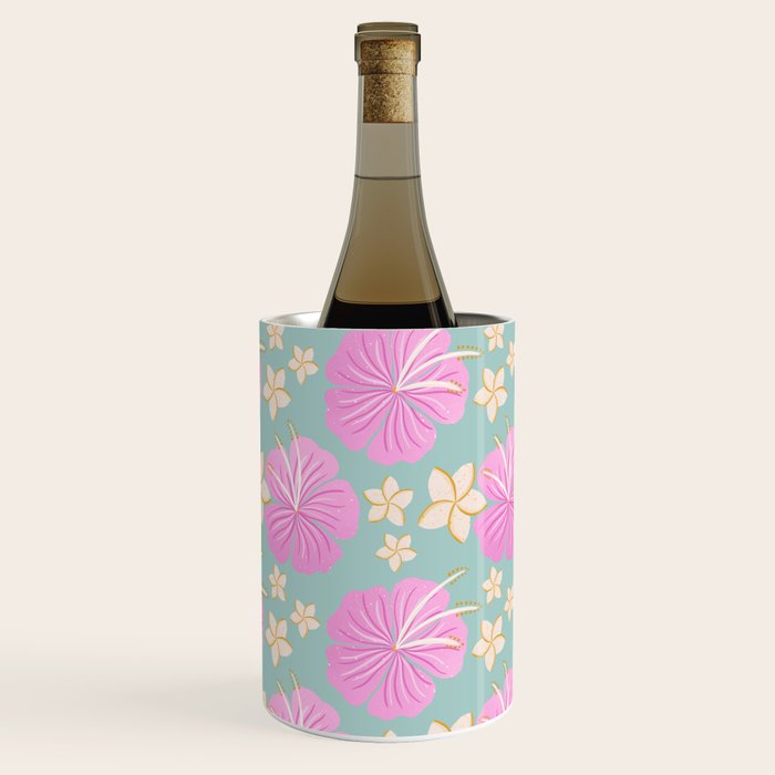 Pink and turquoise hibiscus flowers pattern Wine Chiller Gallery Image 2