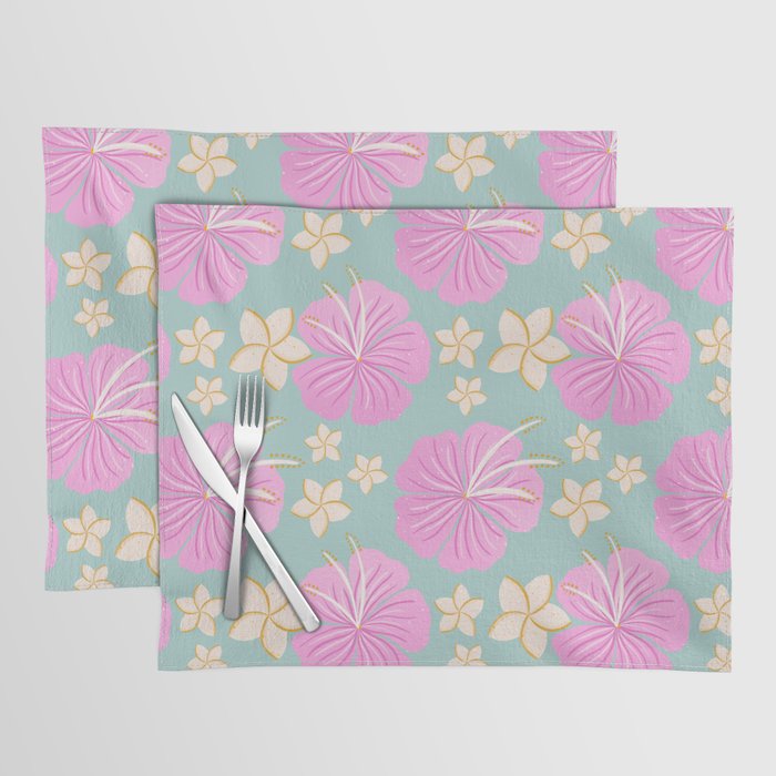 Pink and turquoise hibiscus flowers pattern Placemat Gallery Image 1