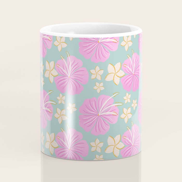 Pink and turquoise hibiscus flowers pattern Coffee Mug Gallery Image 4