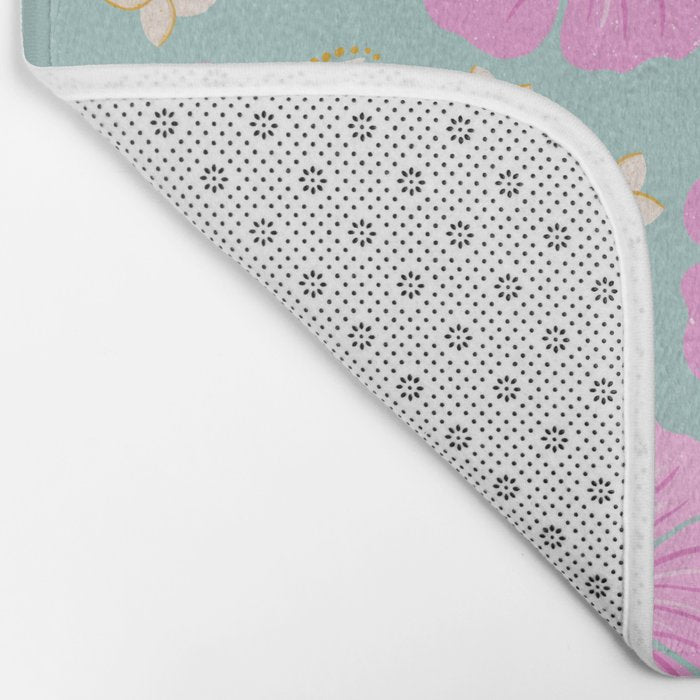 Pink and turquoise hibiscus flowers pattern Bath Mat Gallery Image 2