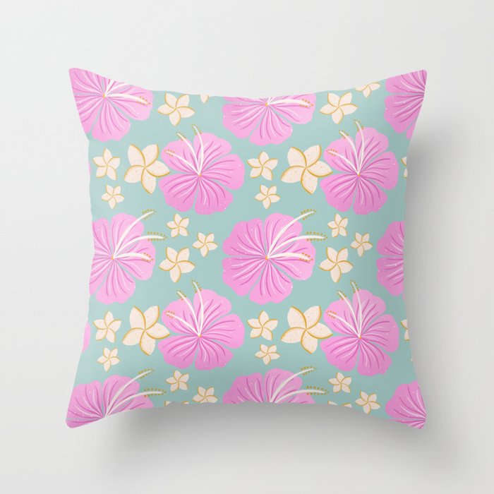 Pink and turquoise hibiscus flowers pattern Throw Pillow Gallery Image 6