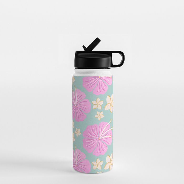 Pink and turquoise hibiscus flowers pattern Water Bottle Gallery Image 1