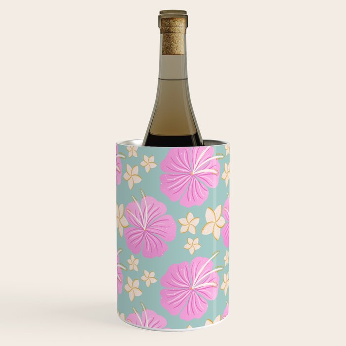 Pink and turquoise hibiscus flowers pattern Wine Chiller Gallery Image 1