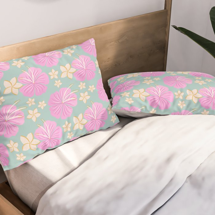 Pink and turquoise hibiscus flowers pattern Pillow Sham Gallery Image 2
